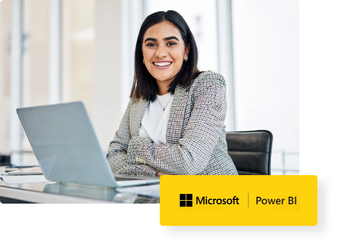 Manager smiling and happy with her power BI tools.