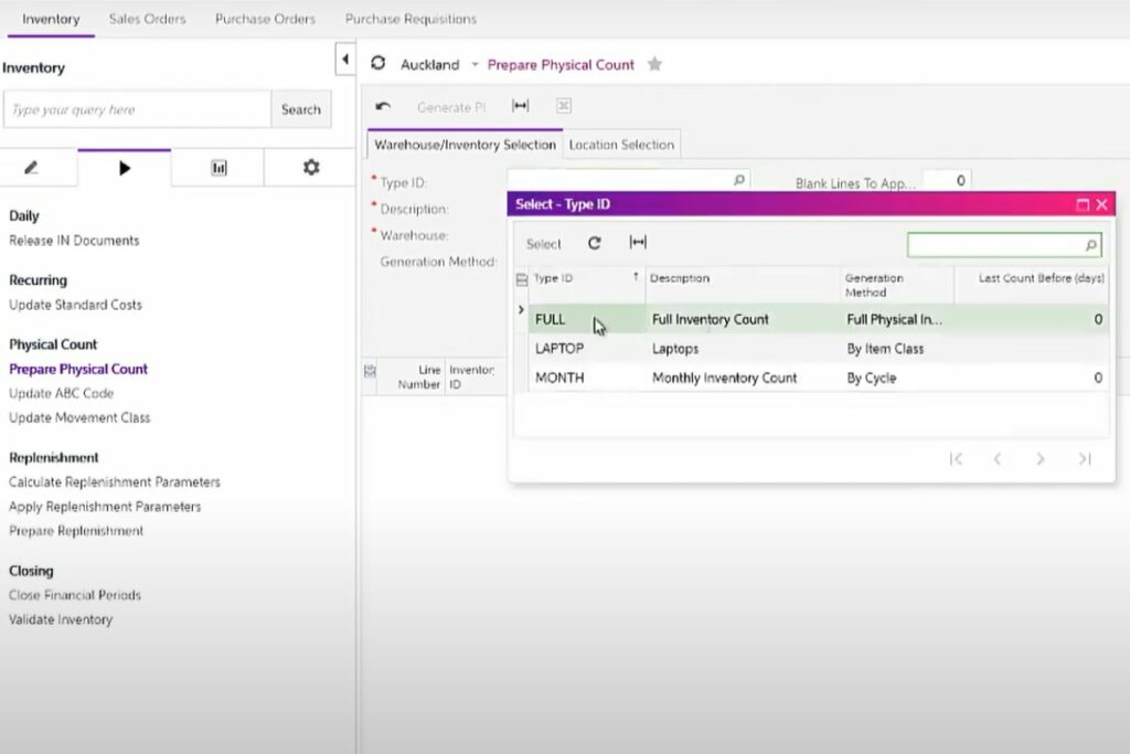 ERP dashboard for physical inventory count EOFY stocktake 