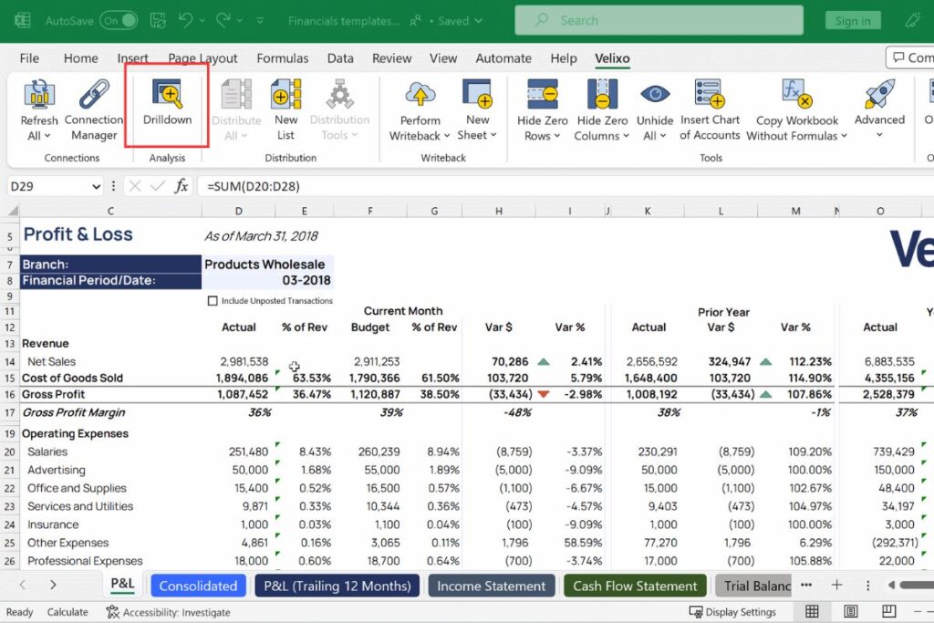 Smart drill down function of Excel with Velixo