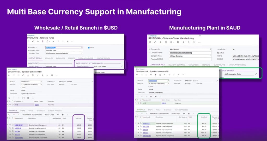 multiple base currency - myob advanced manufacturing updates