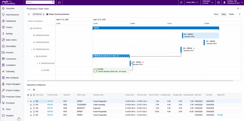 MYOB Acumatica 25 R2 Production Order View