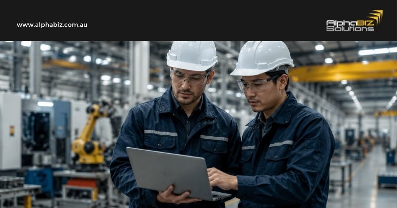 blog feature image of manufacturing staffs using cloud ERP manufacturing system MYOB acumatica
